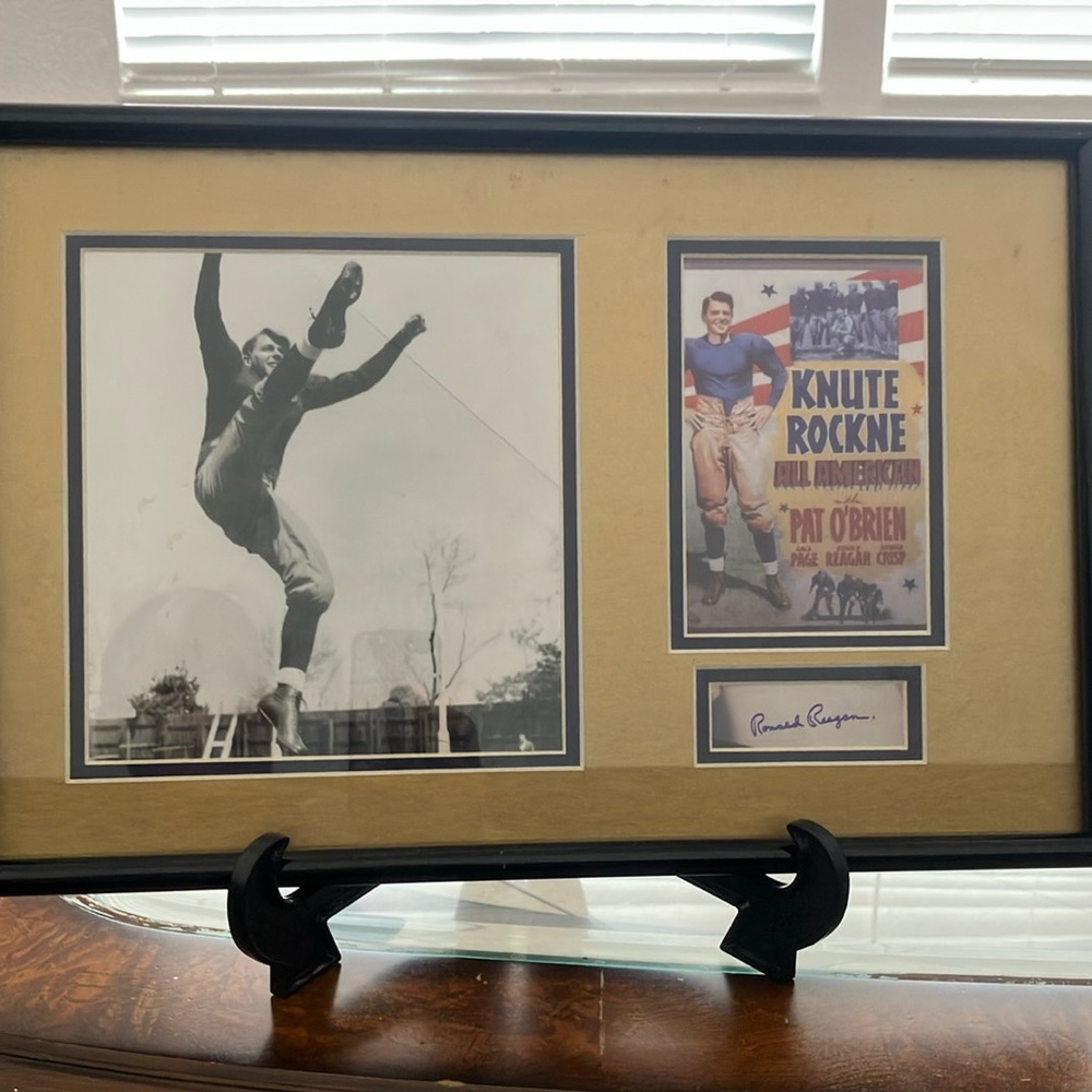 Framed Ronald Reagan signature and 2 photos of “KNUTE ROCKNE”